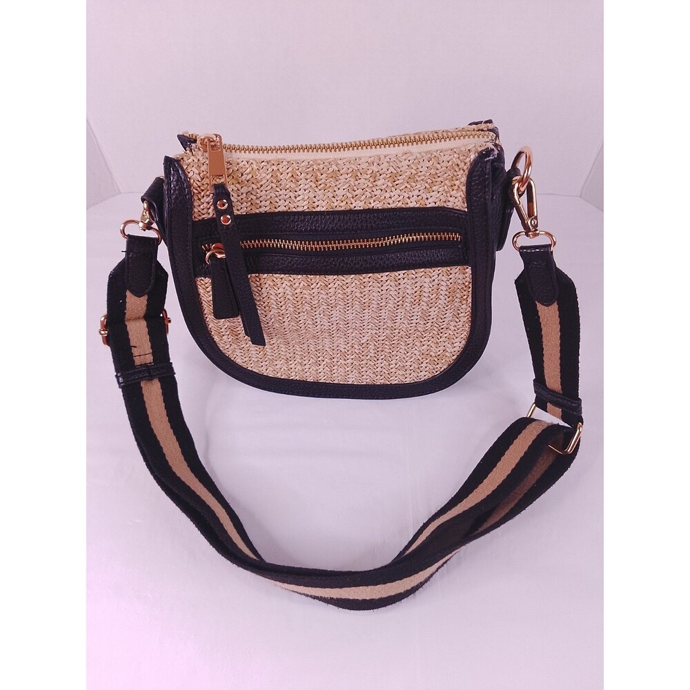 Crown Vintage Straw Crossbody Bag Woven Raffia Brown Trim Boho Purse Small - Picture 11 of 14